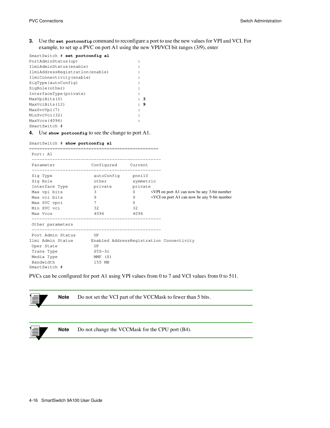 Cabletron Systems 9A100 manual Use show portconfig to see the change to port A1, SmartSwitch # set portconfig a1 