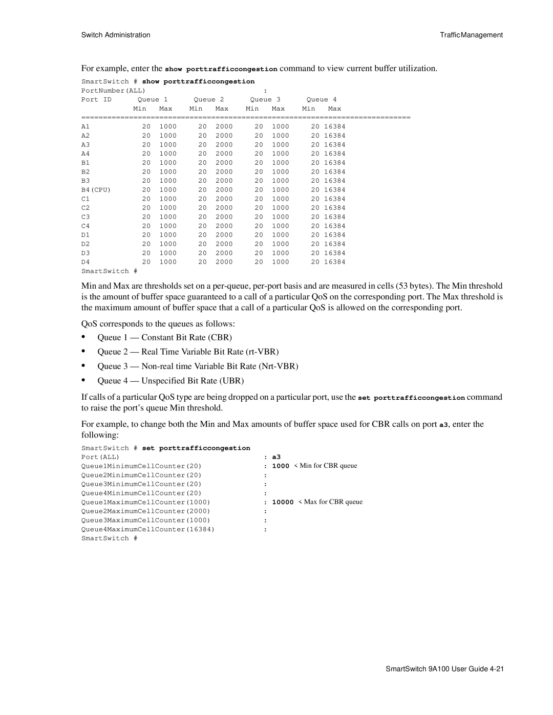 Cabletron Systems 9A100 manual SmartSwitch # set porttrafficcongestion, Min for CBR queue 