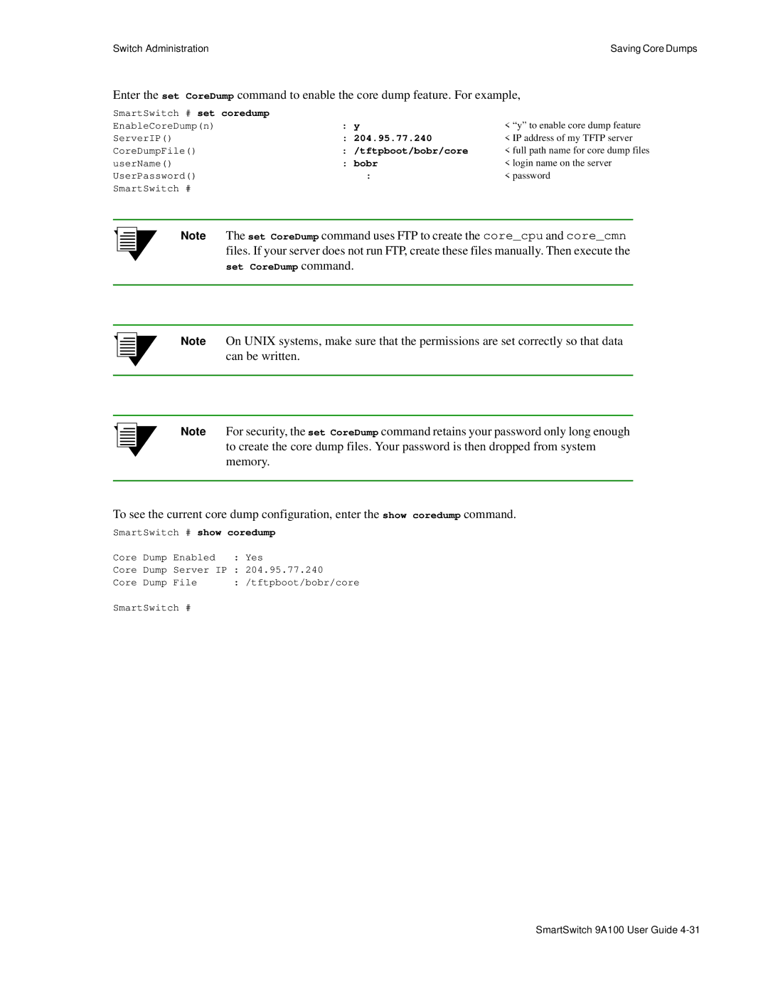 Cabletron Systems 9A100 manual 204.95.77.240, Tftpboot/bobr/core, Bobr, Set CoreDump command 