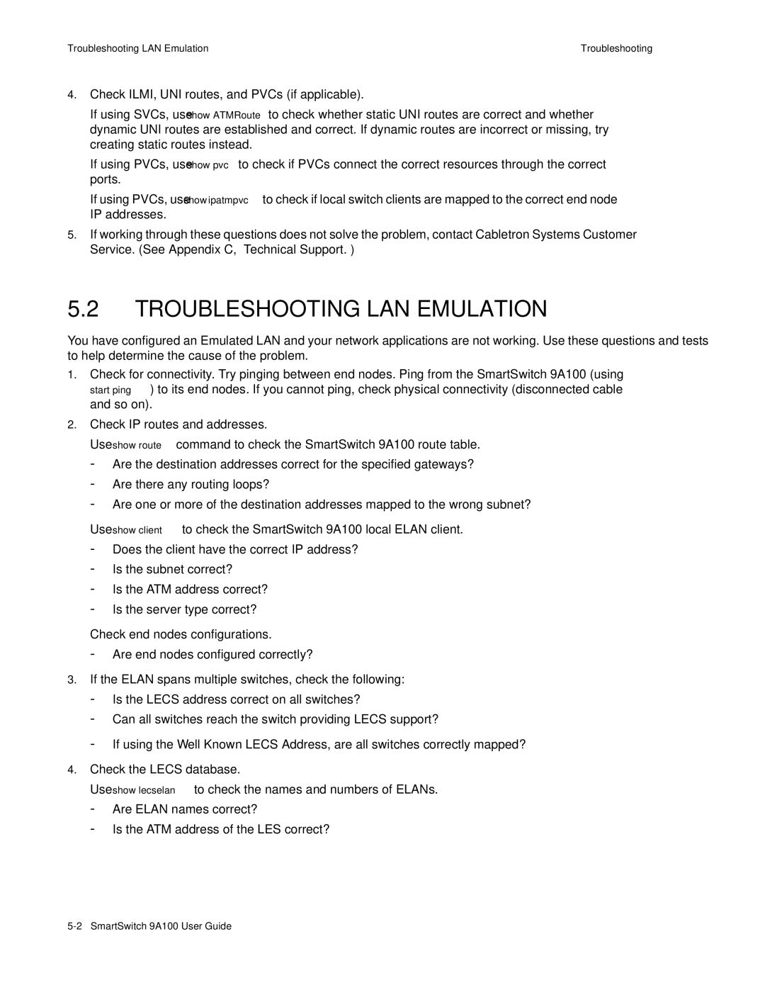 Cabletron Systems 9A100 manual Troubleshooting LAN Emulation 