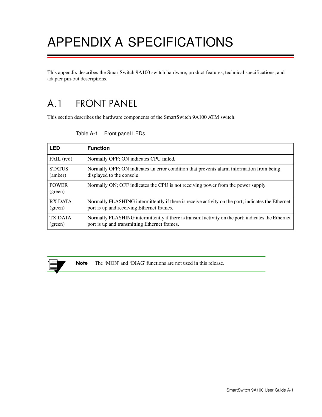 Cabletron Systems 9A100 manual Appendix a Specifications, Function 