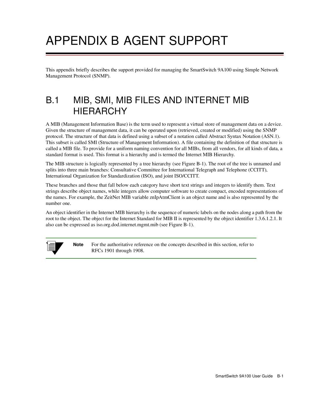 Cabletron Systems 9A100 manual Appendix B Agent Support, MIB, SMI, MIB Files and Internet MIB Hierarchy 