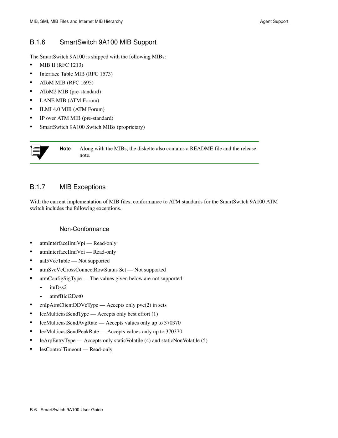 Cabletron Systems manual SmartSwitch 9A100 MIB Support, MIB Exceptions 