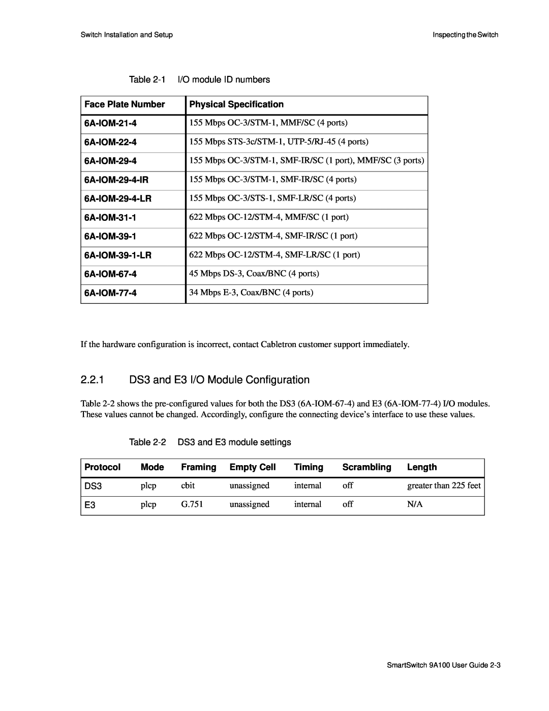 Cabletron Systems 9A100 manual 2.2.1 DS3 and E3 I/O Module Configuration 