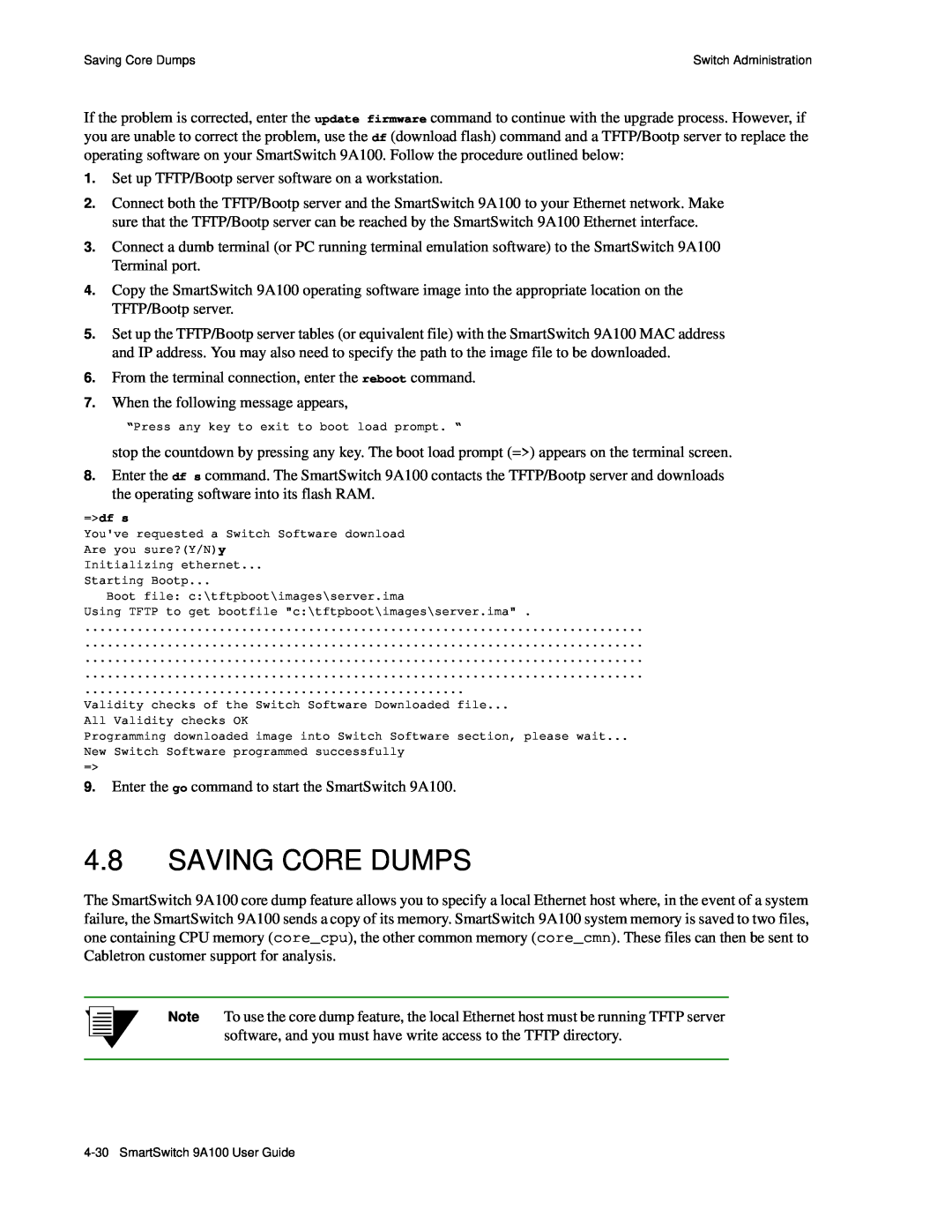 Cabletron Systems manual Saving Core Dumps, SmartSwitch 9A100 User Guide 