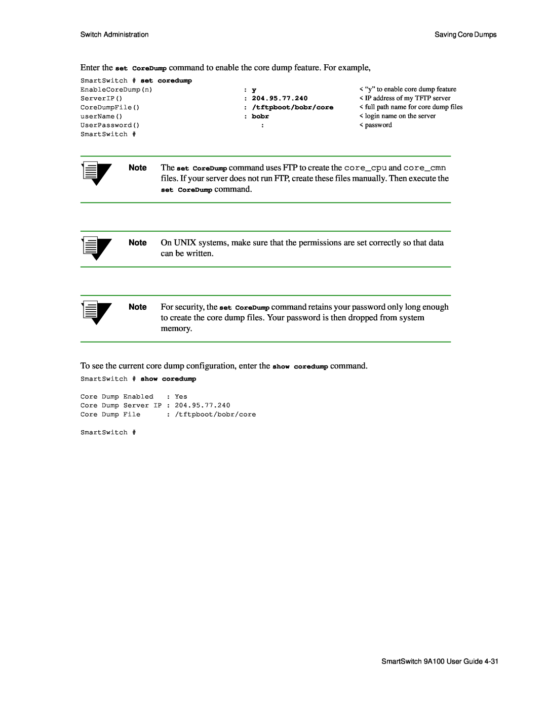 Cabletron Systems 9A100 manual 204.95.77.240, IP address of my TFTP server, tftpboot/bobr/core, login name on the server 