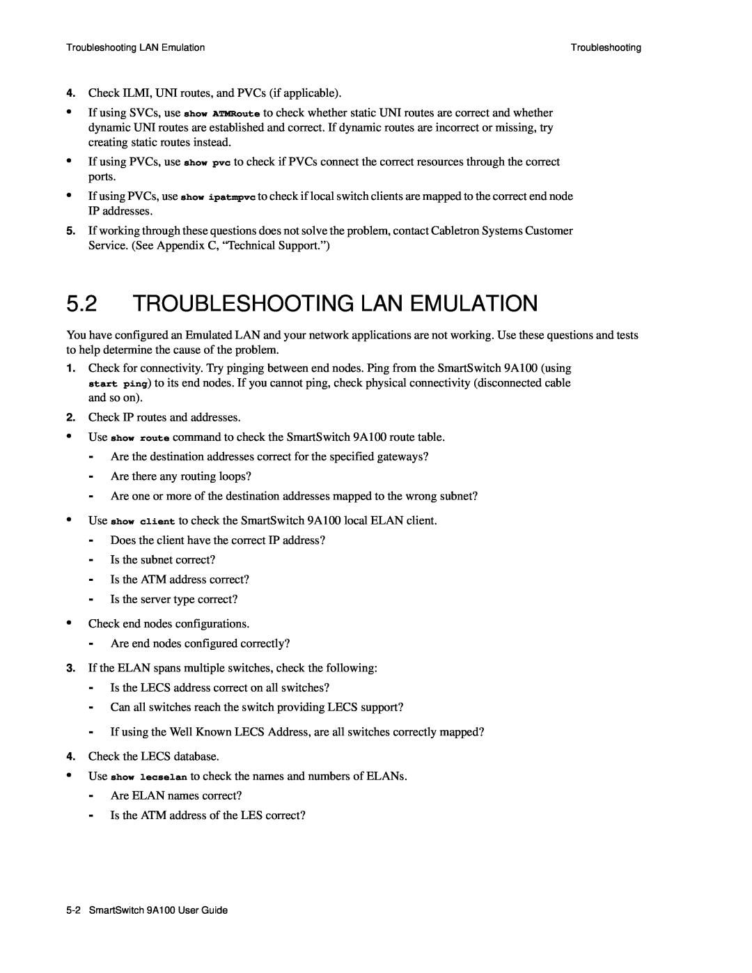 Cabletron Systems manual Troubleshooting Lan Emulation, Troubleshooting LAN Emulation, SmartSwitch 9A100 User Guide 