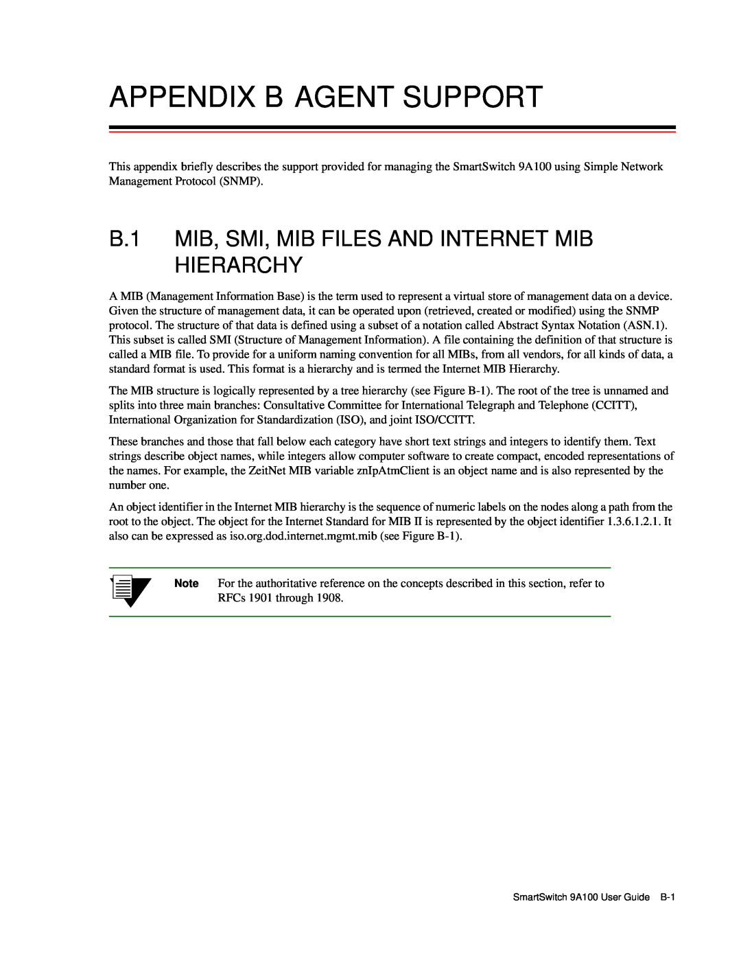 Cabletron Systems 9A100 manual Appendix B Agent Support, B.1 MIB, SMI, MIB FILES AND INTERNET MIB HIERARCHY 