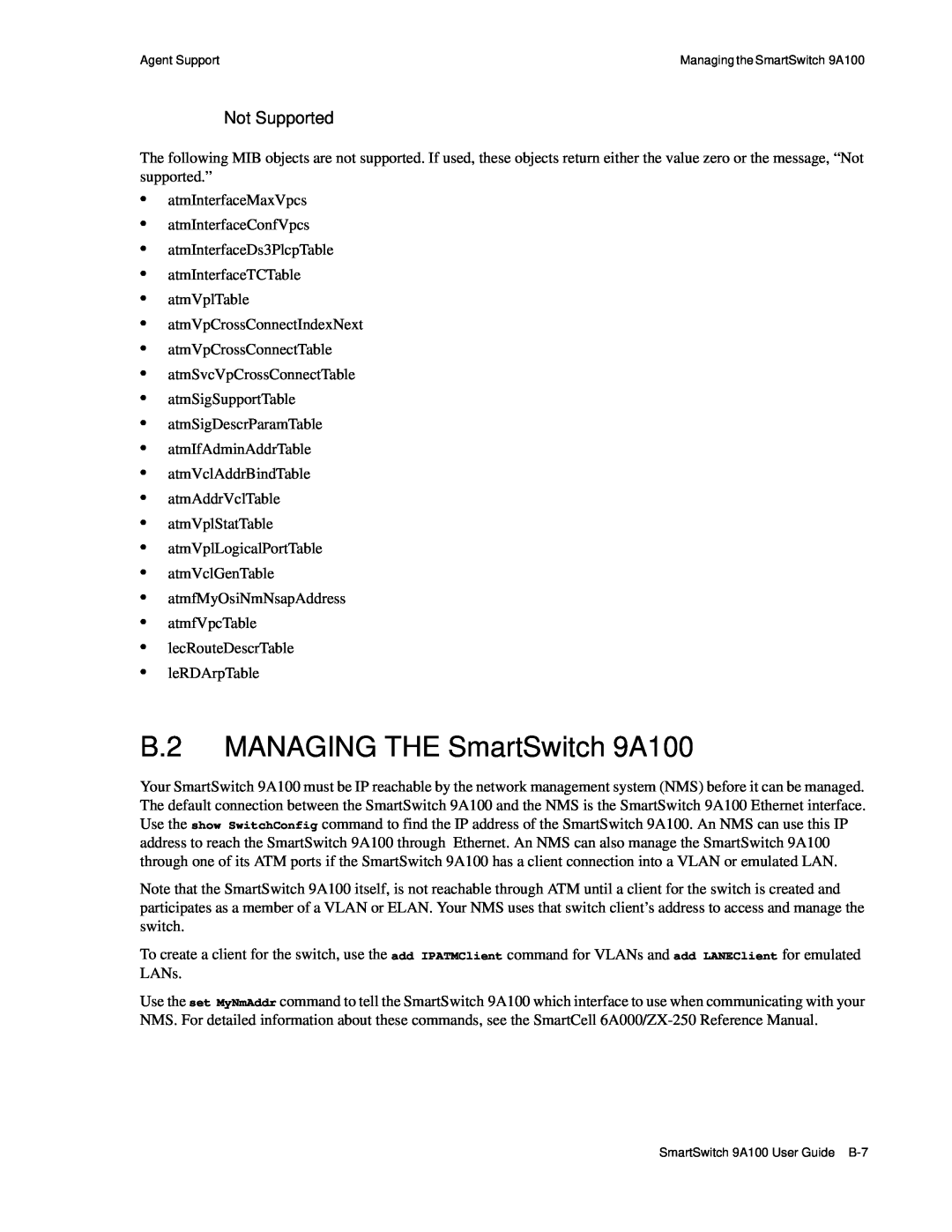 Cabletron Systems manual B.2 MANAGING THE SmartSwitch 9A100, Not Supported 