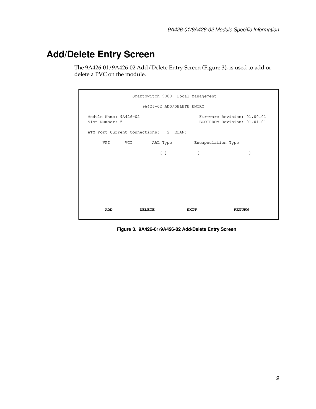 Cabletron Systems 9A426-01 appendix Add/Delete Entry Screen, 9A426-02 ADD/DELETE Entry 