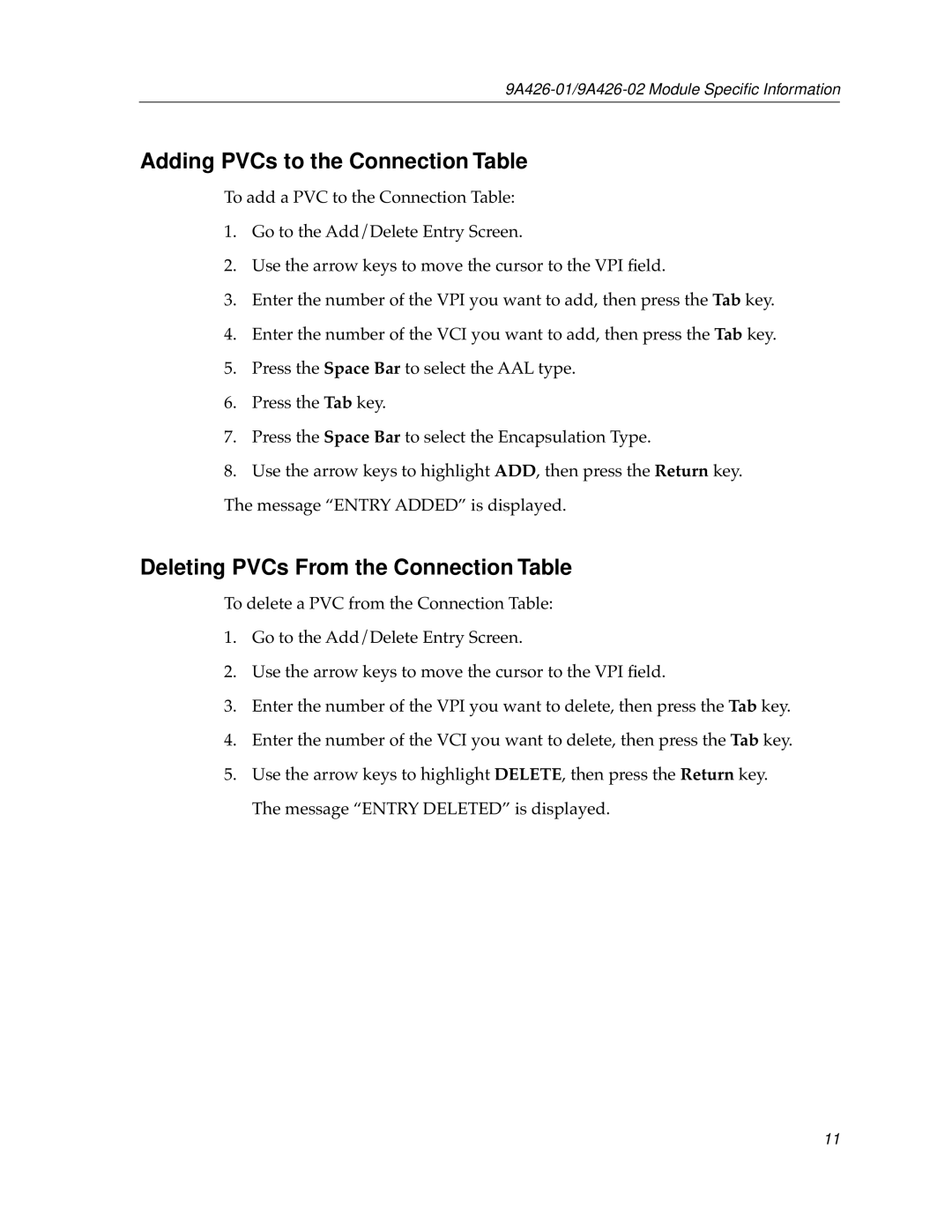 Cabletron Systems 9A426-01 appendix Adding PVCs to the Connection Table, Deleting PVCs From the Connection Table 