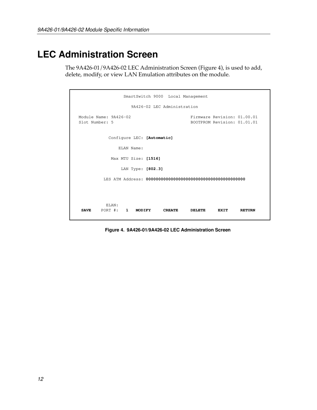 Cabletron Systems 9A426-01 appendix A426-01/9A426-02 LEC Administration Screen 