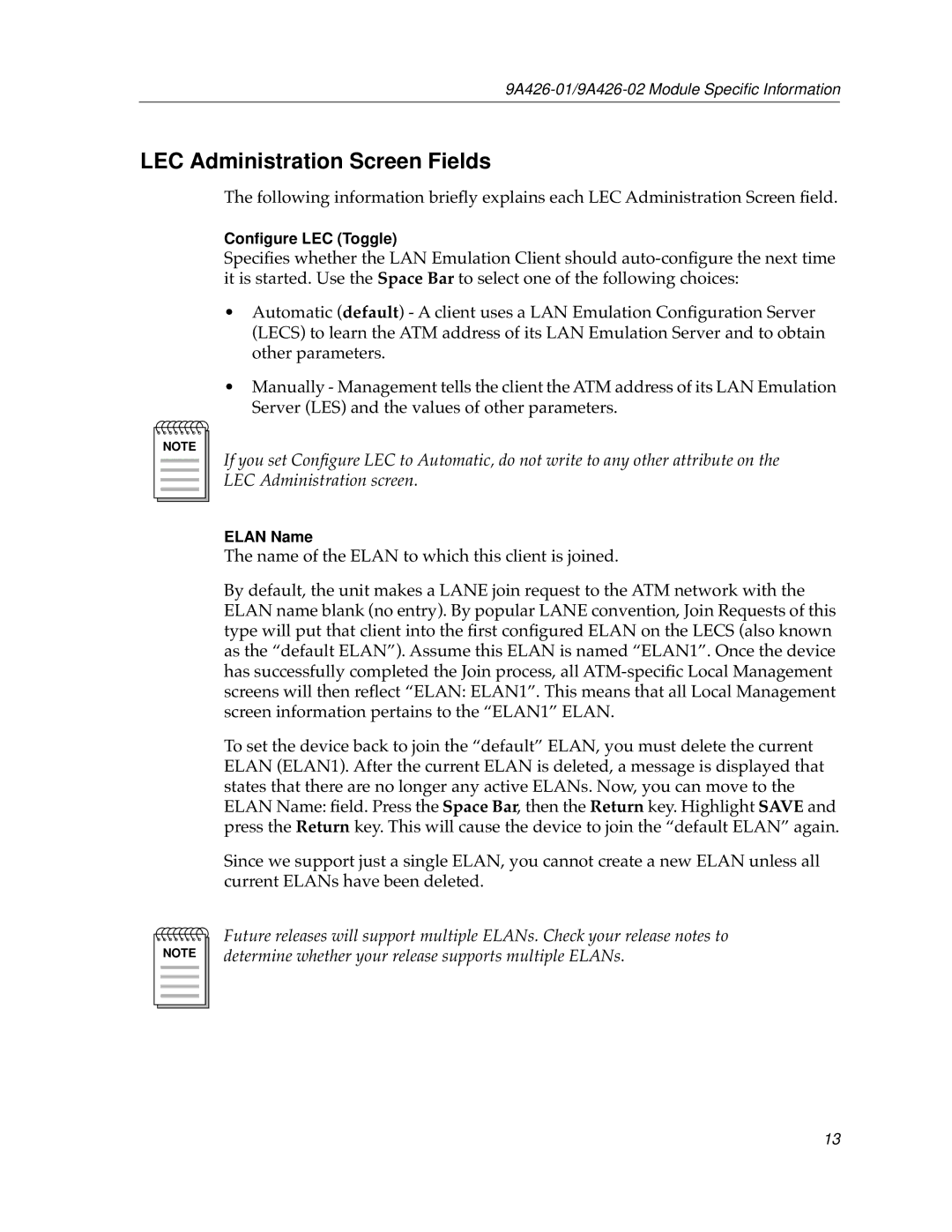 Cabletron Systems 9A426-01 appendix LEC Administration Screen Fields 