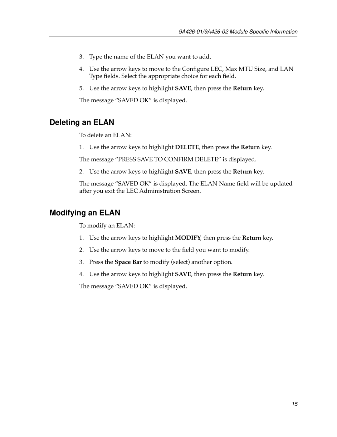 Cabletron Systems 9A426-01 appendix Deleting an Elan, Modifying an Elan 