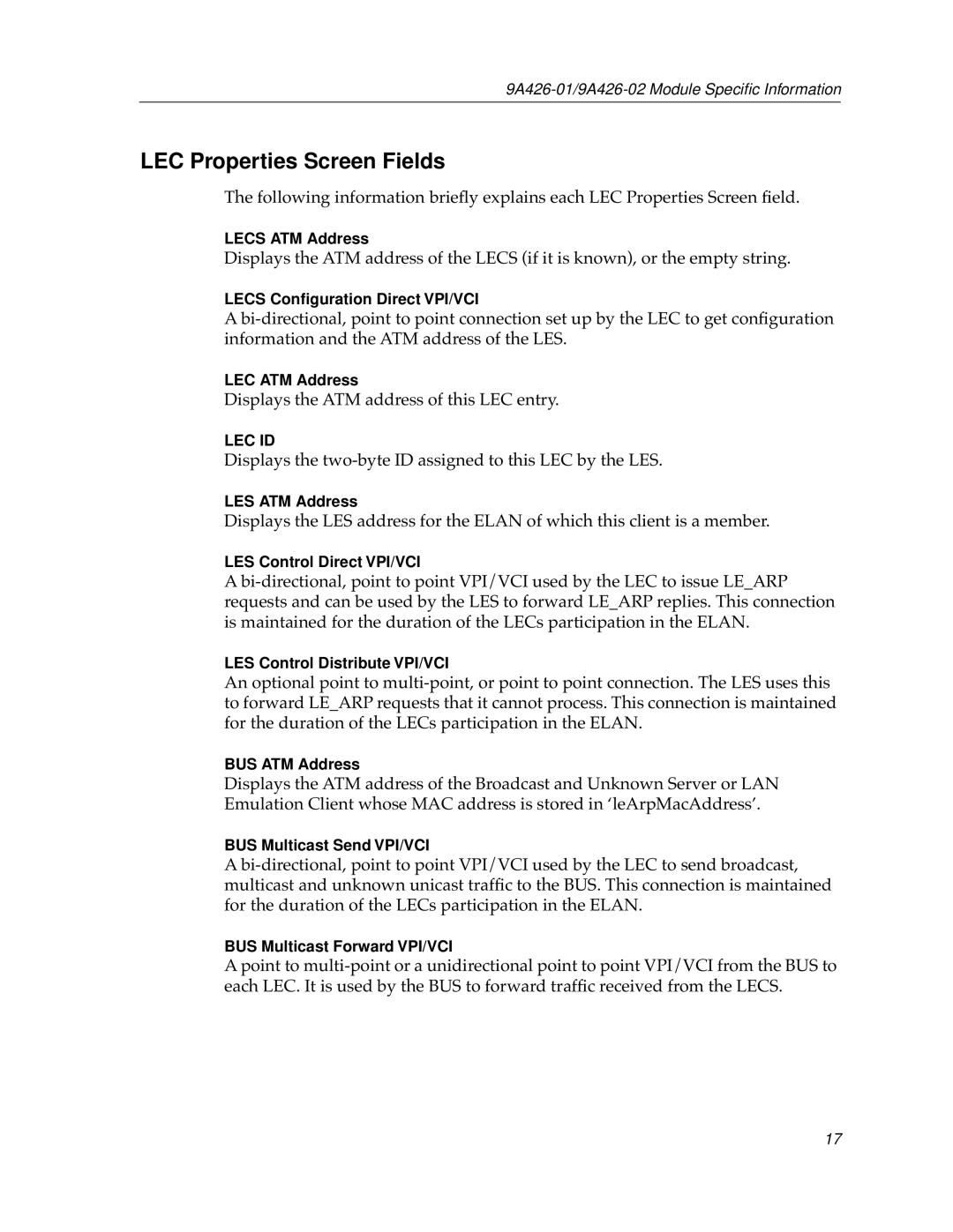 Cabletron Systems 9A426-01 appendix LEC Properties Screen Fields 