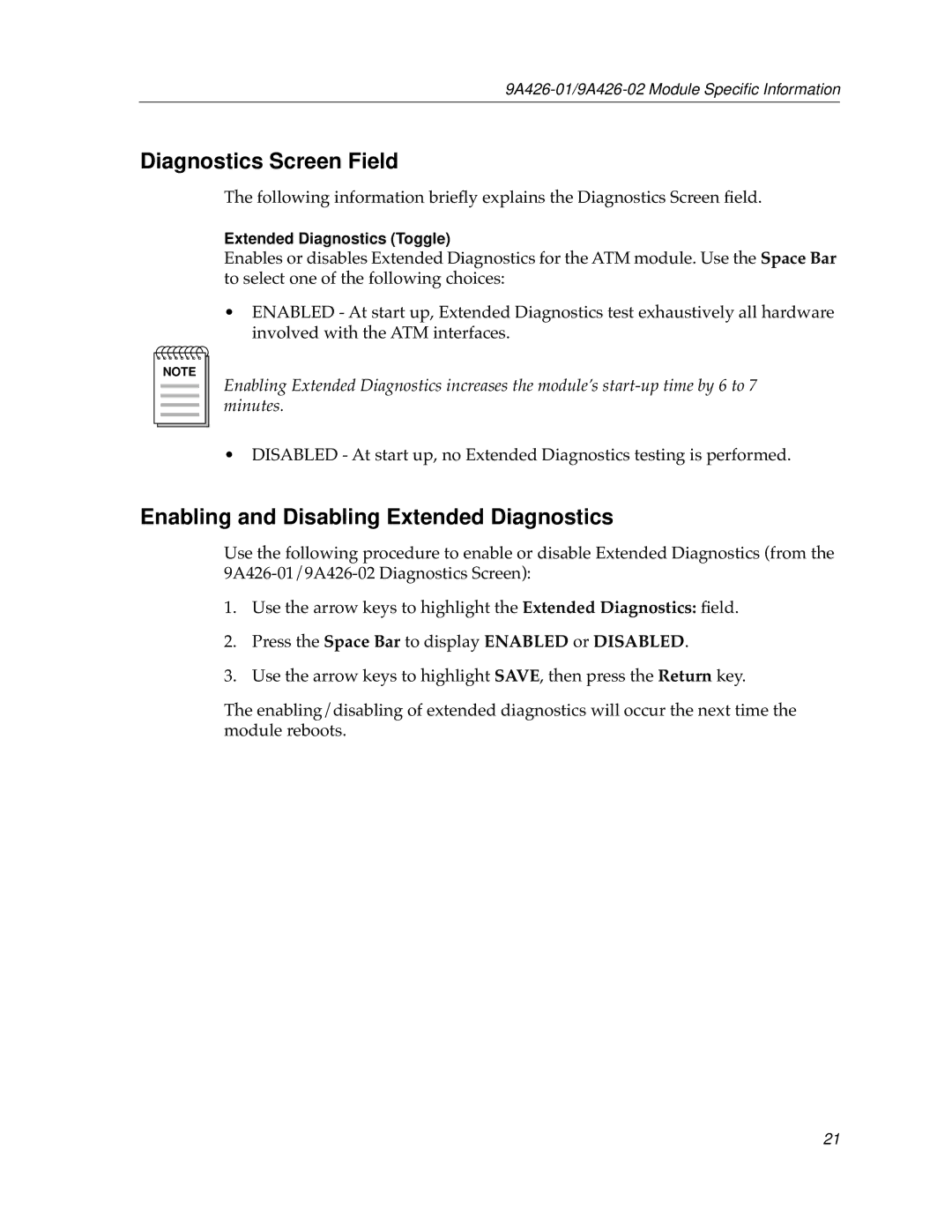 Cabletron Systems 9A426-01 appendix Diagnostics Screen Field, Enabling and Disabling Extended Diagnostics 