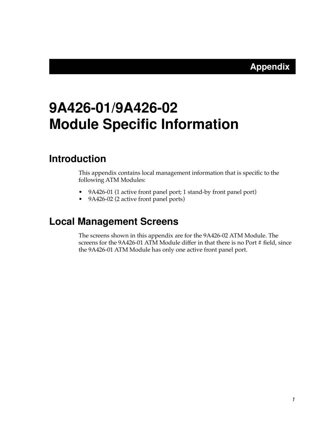 Cabletron Systems 9A426-01 appendix Introduction, Local Management Screens 