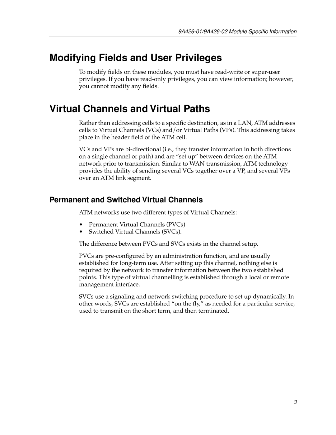 Cabletron Systems 9A426-01 appendix Modifying Fields and User Privileges, Virtual Channels and Virtual Paths 