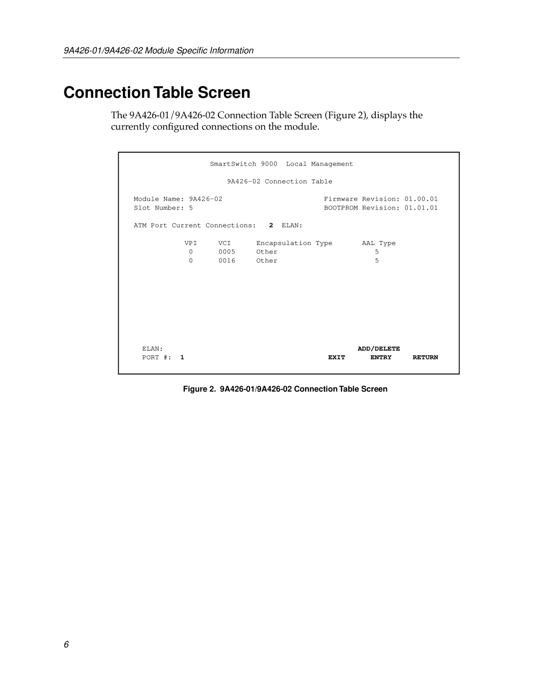 Cabletron Systems 9A426-01 appendix A426-01/9A426-02 Connection Table Screen 