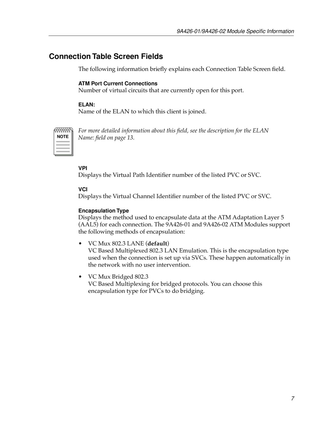 Cabletron Systems 9A426-01 appendix Connection Table Screen Fields 