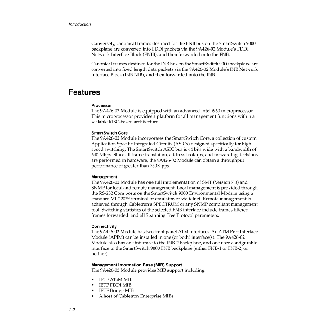 Cabletron Systems 9A426-02 manual Features, Ietf Fddi MIB 