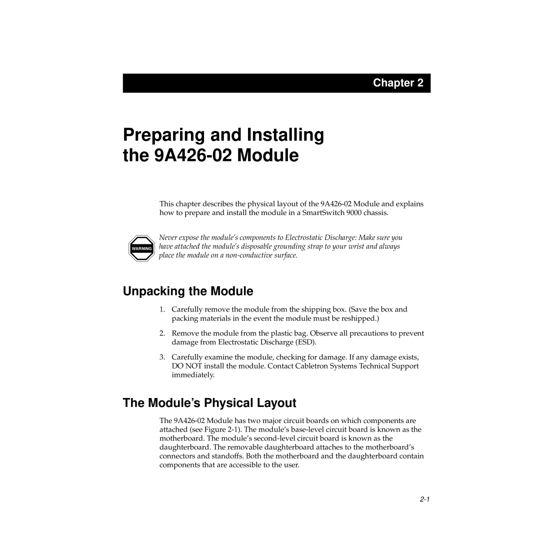 Cabletron Systems 9A426-02 manual Unpacking the Module, Module’s Physical Layout 