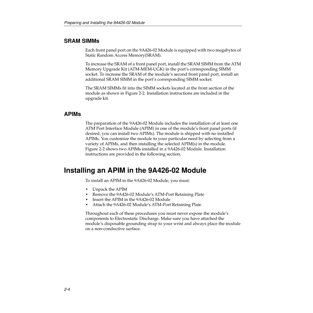 Cabletron Systems manual Installing an Apim in the 9A426-02 Module, Sram SIMMs, APIMs 