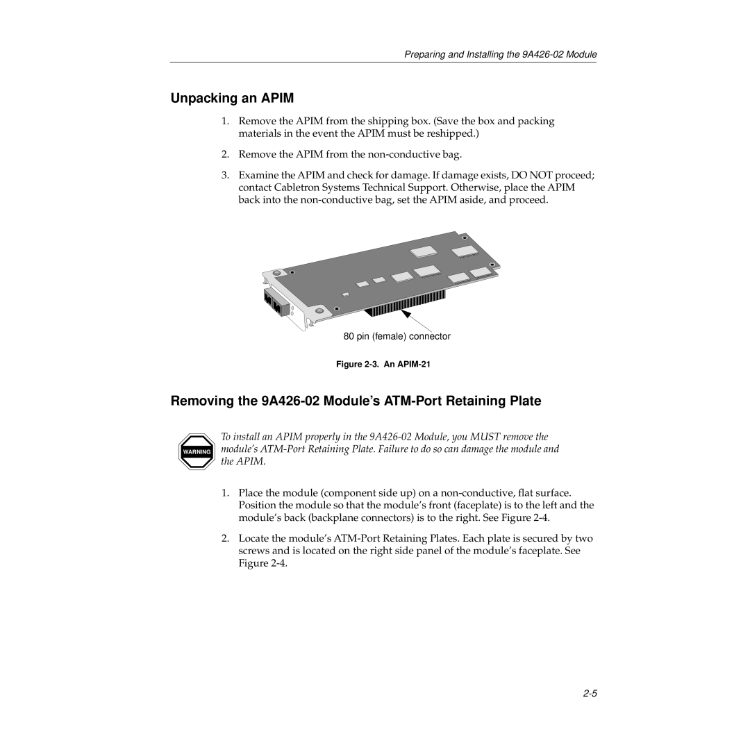 Cabletron Systems manual Unpacking an Apim, Removing the 9A426-02 Module’s ATM-Port Retaining Plate 