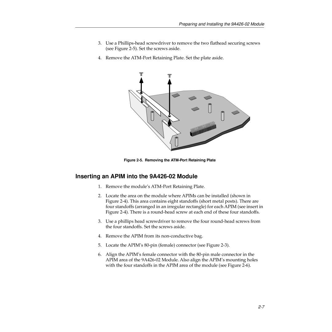 Cabletron Systems manual Inserting an Apim into the 9A426-02 Module, Removing the ATM-Port Retaining Plate 