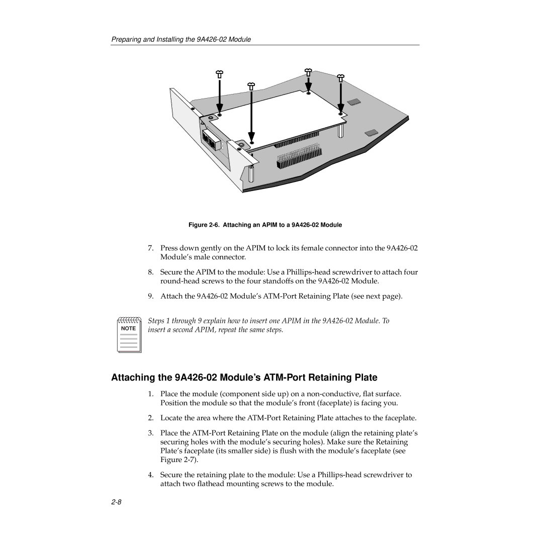 Cabletron Systems Attaching the 9A426-02 Module’s ATM-Port Retaining Plate, Attaching an Apim to a 9A426-02 Module 