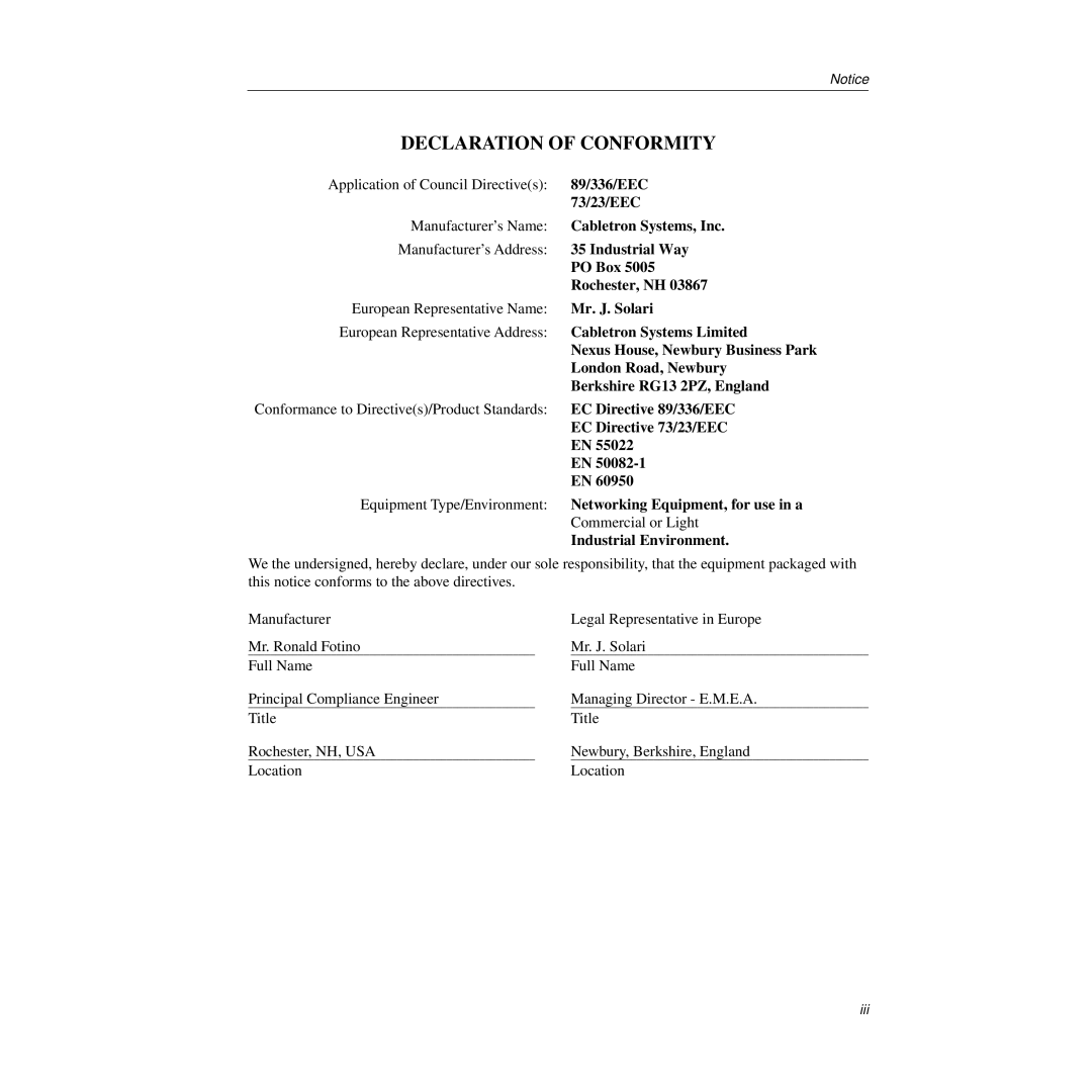 Cabletron Systems 9A426-02 manual Declaration of Conformity 