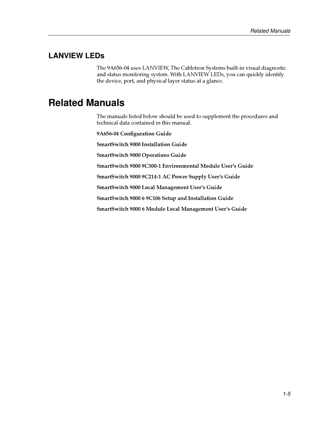 Cabletron Systems 9A656-04 ATM Module manual Related Manuals, Lanview LEDs 