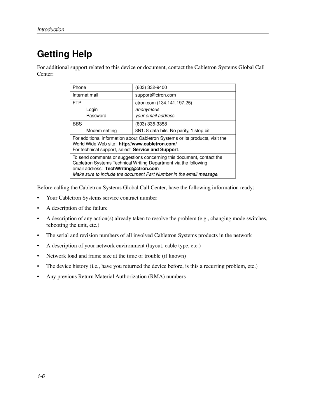 Cabletron Systems 9A656-04 ATM Module manual Getting Help, Your email address 