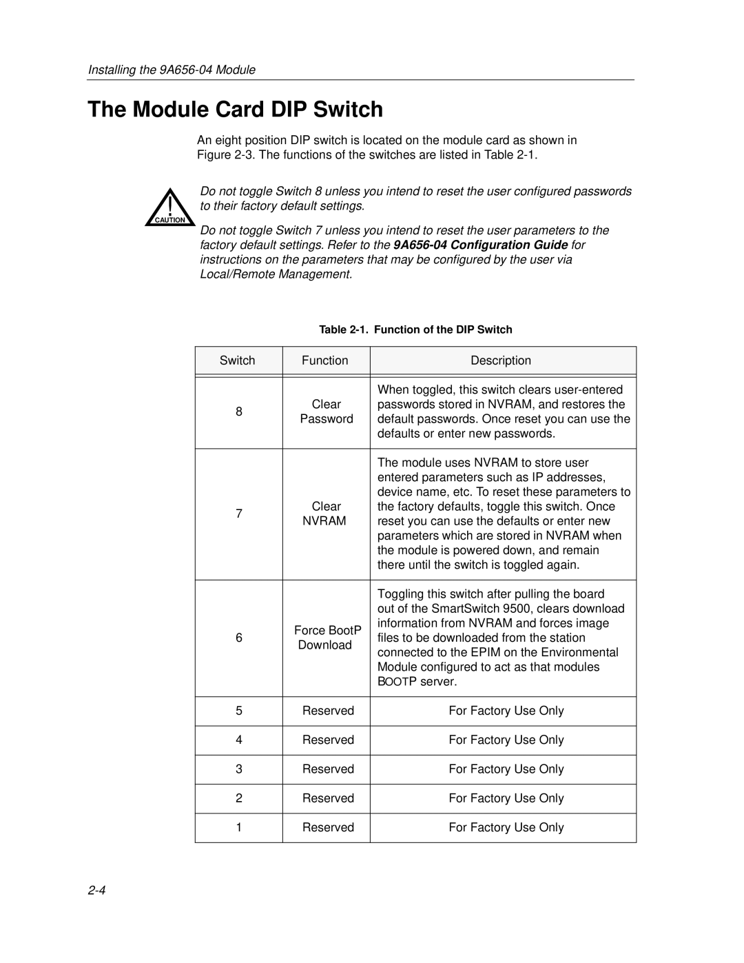 Cabletron Systems 9A656-04 ATM Module manual Module Card DIP Switch, Switch Function Description 