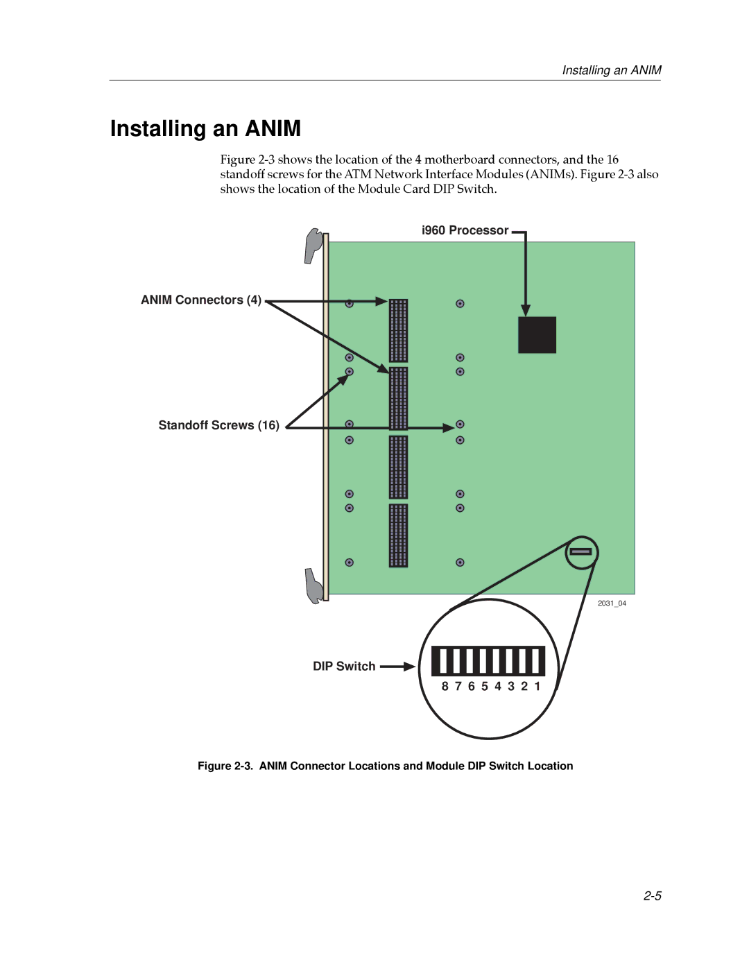 Cabletron Systems 9A656-04 ATM Module manual Installing an Anim, DIP Switch 8 7 6 5 4 3 2 