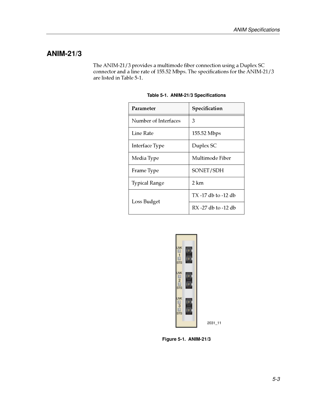 Cabletron Systems 9A656-04 ATM Module manual ANIM-21/3, Parameter SpeciÞcation 