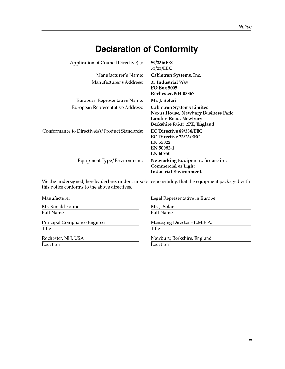 Cabletron Systems 9A656-04 ATM Module manual Declaration of Conformity 