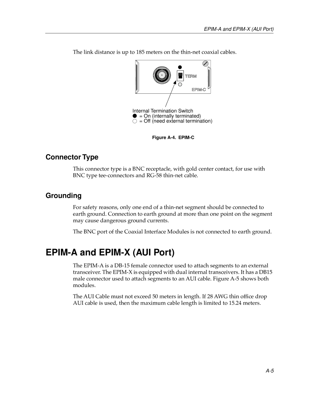 Cabletron Systems 9E106-06 manual EPIM-A and EPIM-X AUI Port, Connector Type, Grounding 