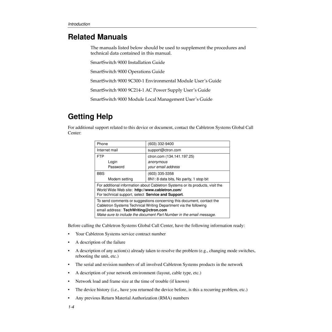 Cabletron Systems 9E138-12, 9E138-36b, 9E133-36, 9E132-15 manual Related Manuals, Getting Help 