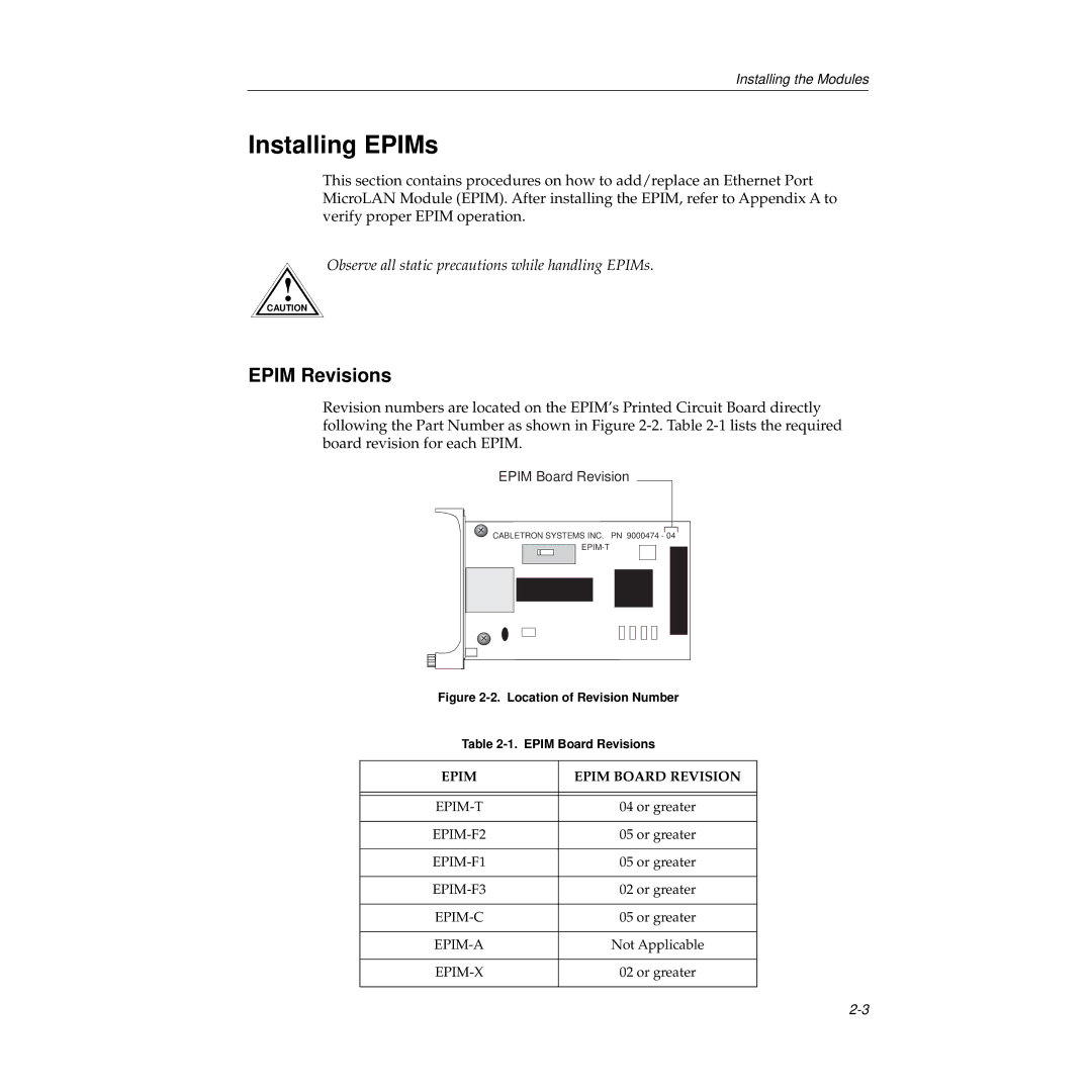 Cabletron Systems 9E132-15, 9E138-12, 9E138-36b, 9E133-36 manual Installing EPIMs, Epim Revisions 