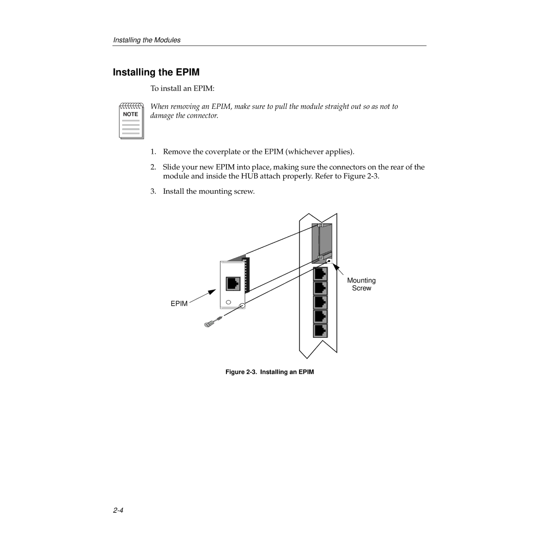 Cabletron Systems 9E138-12, 9E138-36b, 9E133-36, 9E132-15 manual Installing the Epim, Installing an Epim 