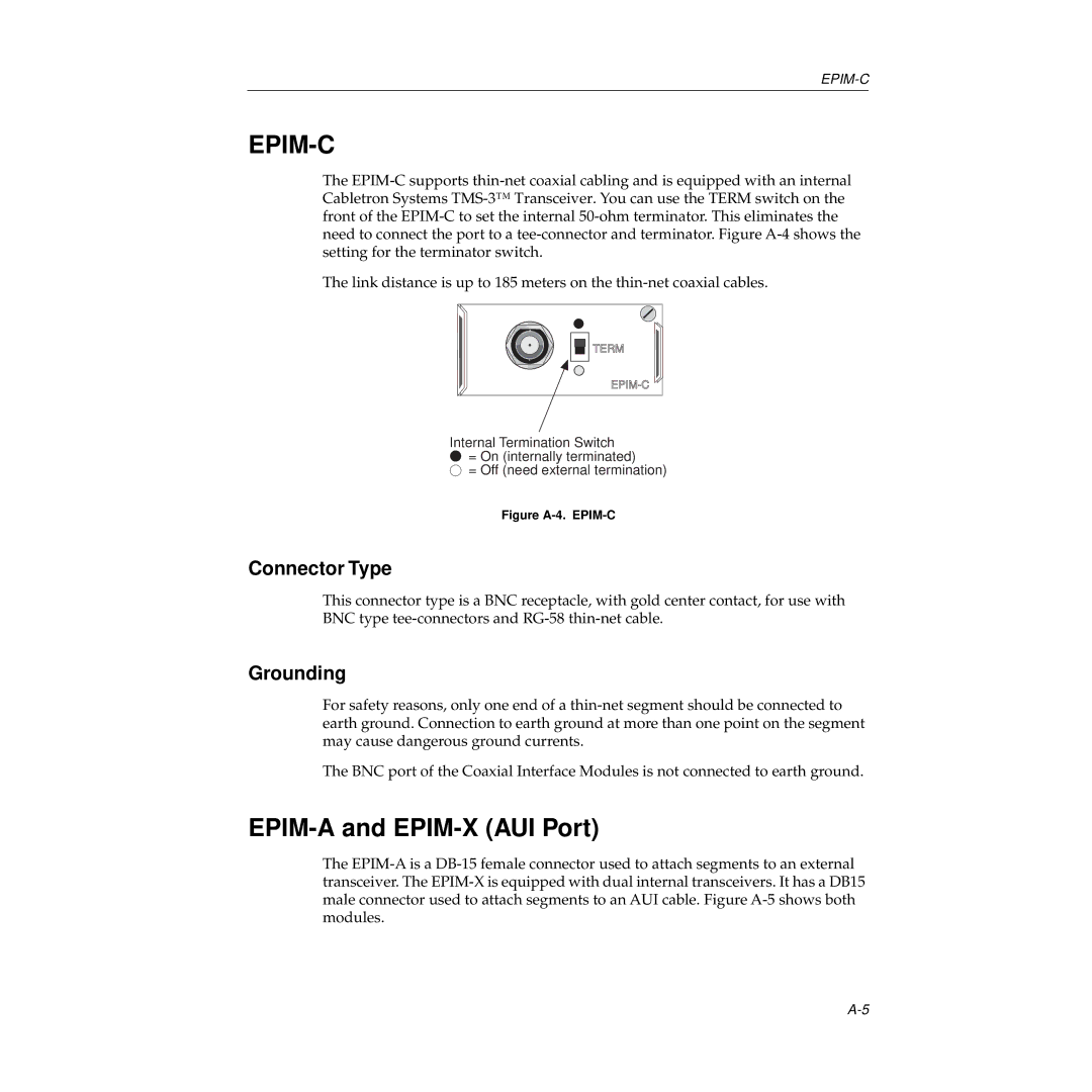 Cabletron Systems 9E132-15, 9E138-12, 9E138-36b, 9E133-36 manual EPIM-A and EPIM-X AUI Port, Connector Type, Grounding 