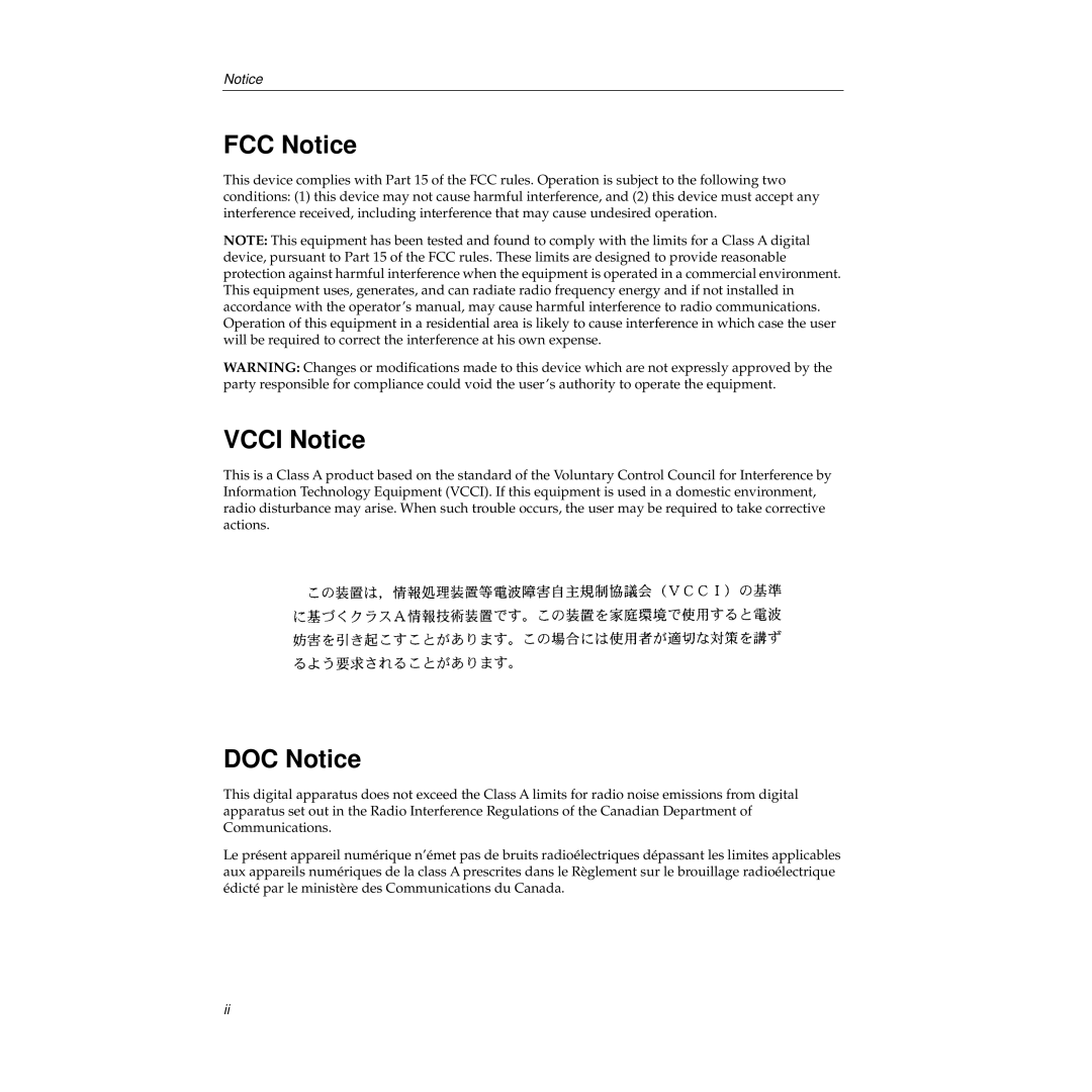 Cabletron Systems 9E138-12, 9E138-36b, 9E133-36, 9E132-15 manual FCC Notice, Vcci Notice, DOC Notice 