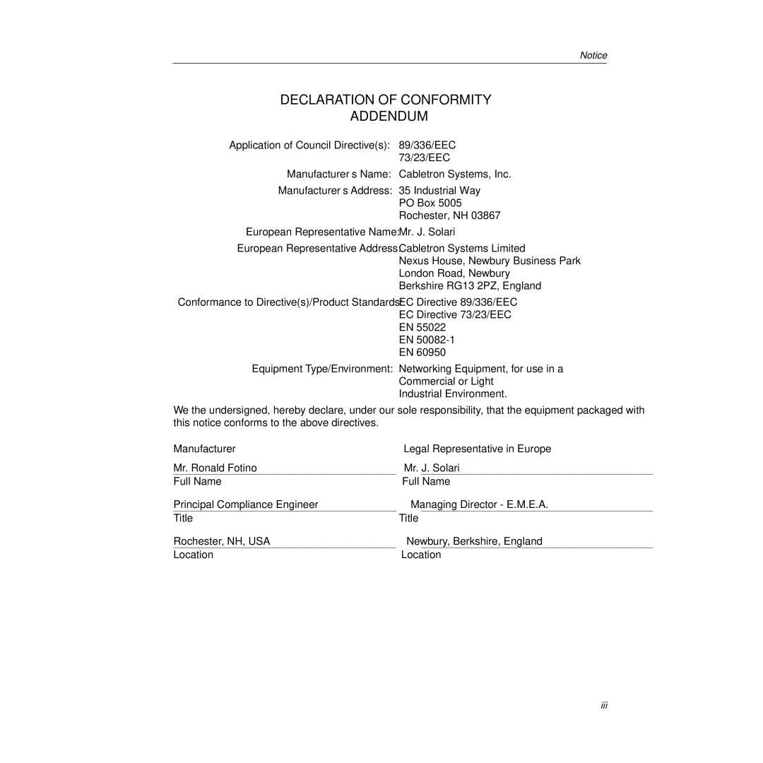 Cabletron Systems 9E138-36b, 9E138-12, 9E133-36, 9E132-15 manual Declaration of Conformity Addendum 