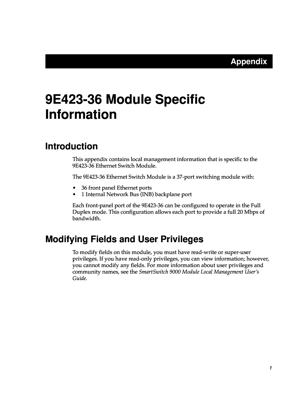 Cabletron Systems Introduction, Modifying Fields and User Privileges, 9E423-36 Module Speciﬁc Information, Appendix 