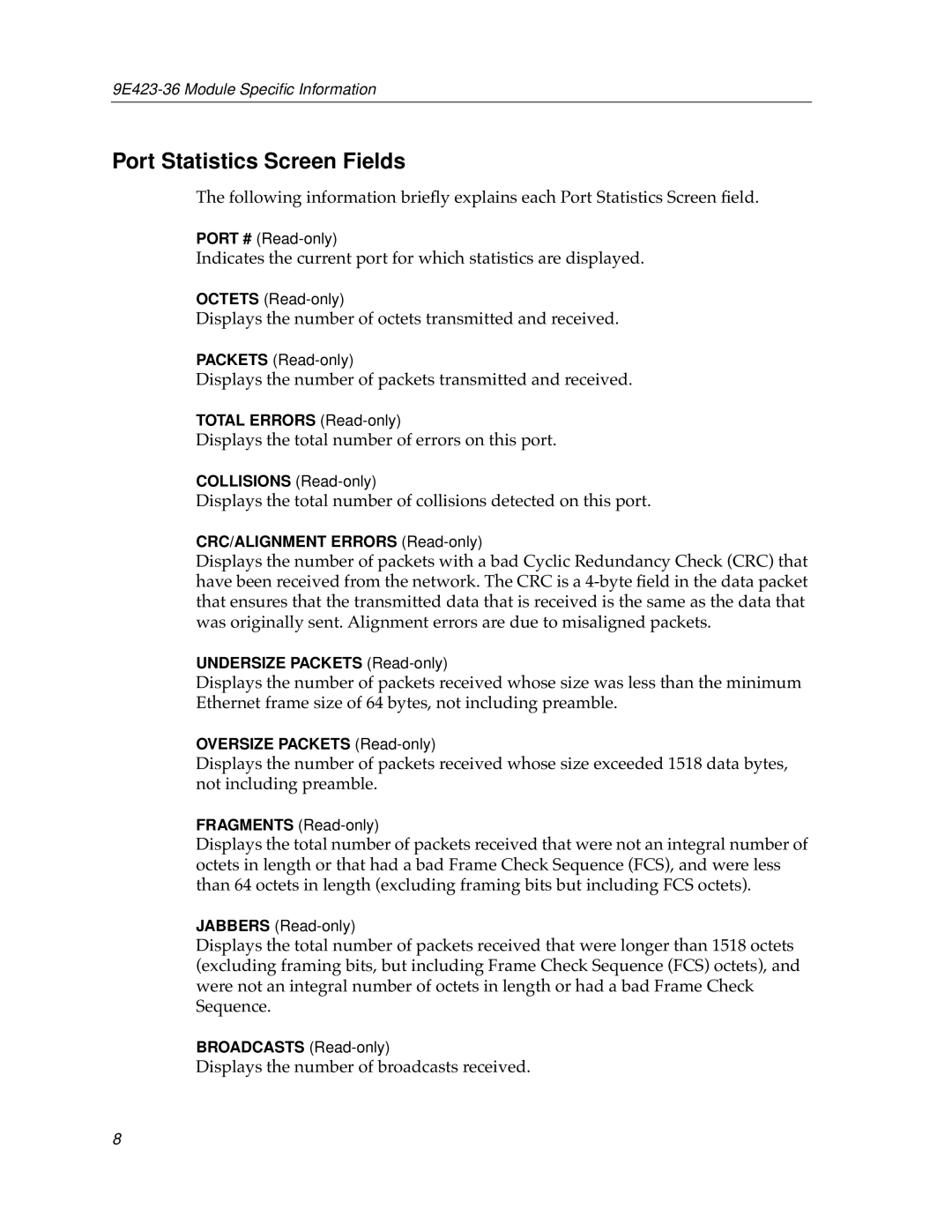 Cabletron Systems 9E423-36 appendix Port Statistics Screen Fields 