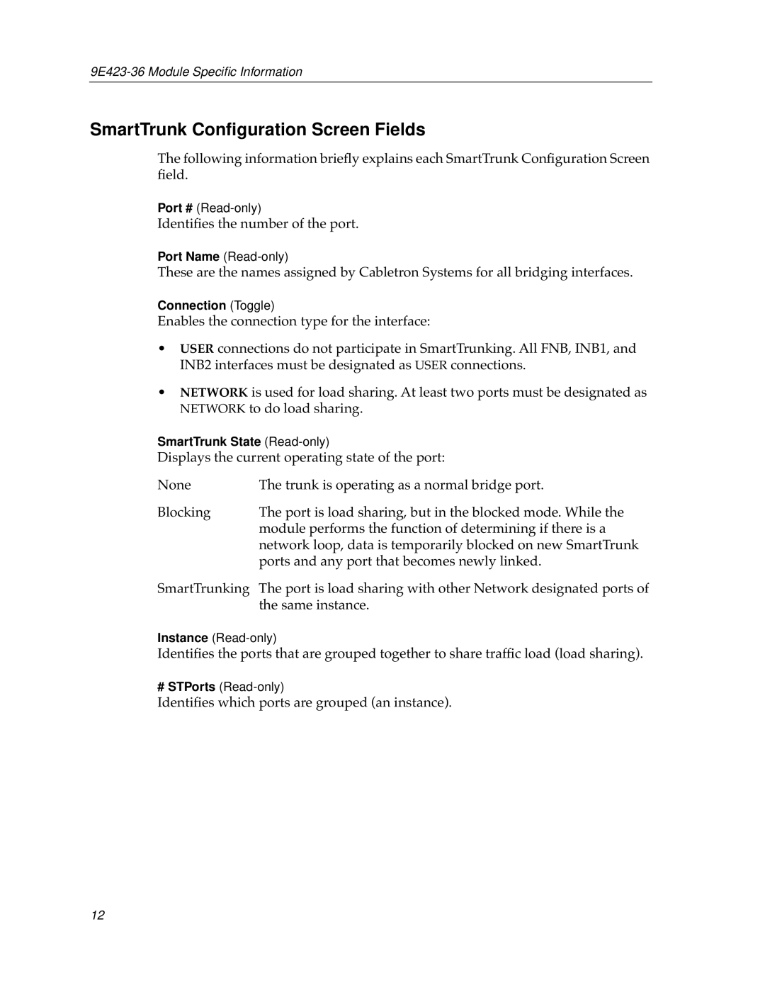 Cabletron Systems 9E423-36 appendix SmartTrunk Conﬁguration Screen Fields 