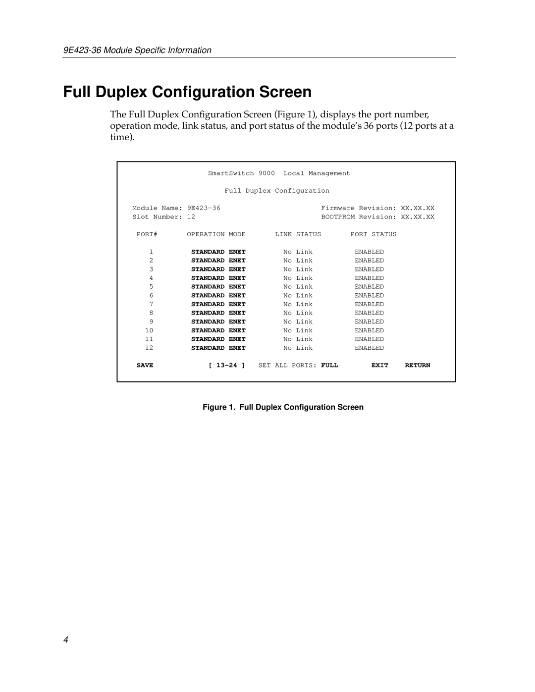 Cabletron Systems 9E423-36 appendix Full Duplex Conﬁguration Screen 