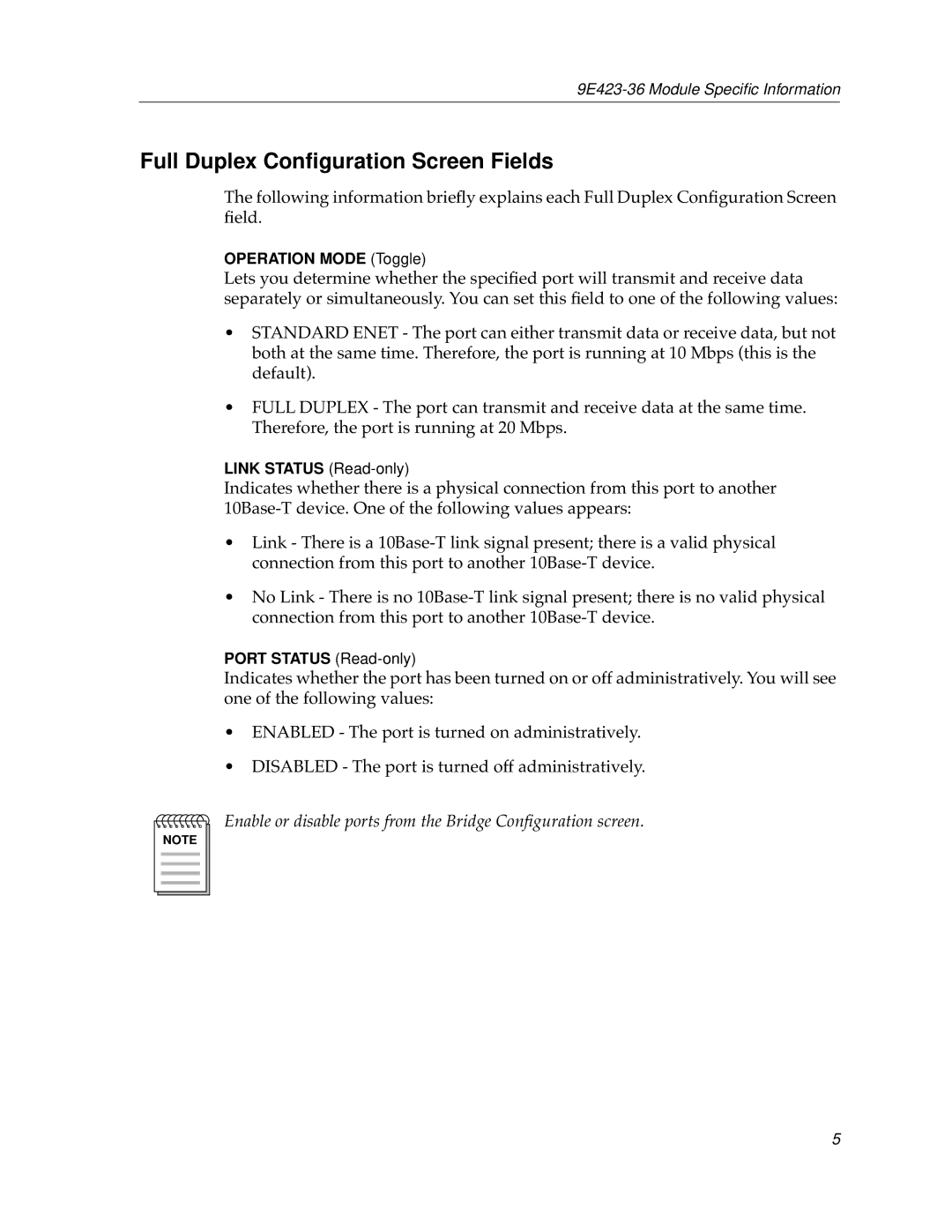 Cabletron Systems 9E423-36 appendix Full Duplex Conﬁguration Screen Fields 