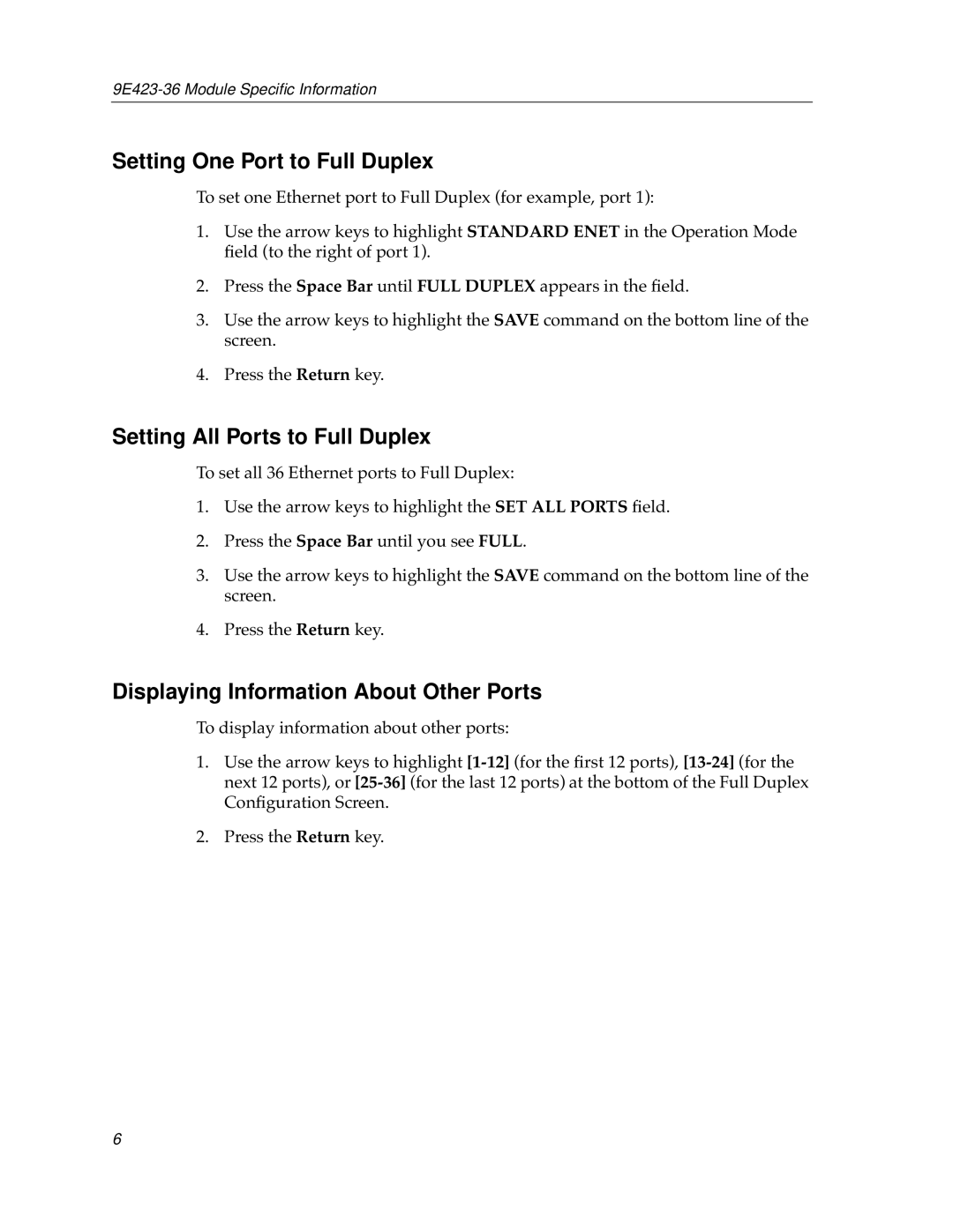 Cabletron Systems 9E423-36 appendix Setting One Port to Full Duplex, Setting All Ports to Full Duplex 
